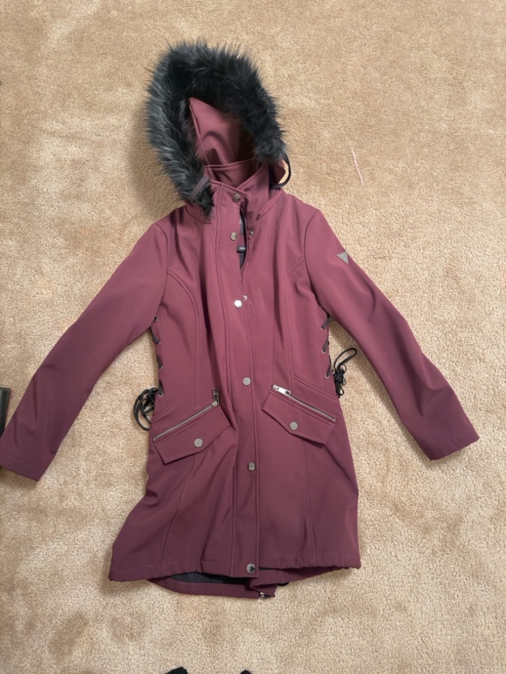 Guess Women's Maroon Hooded Pea Coat with Faux Fur Trim